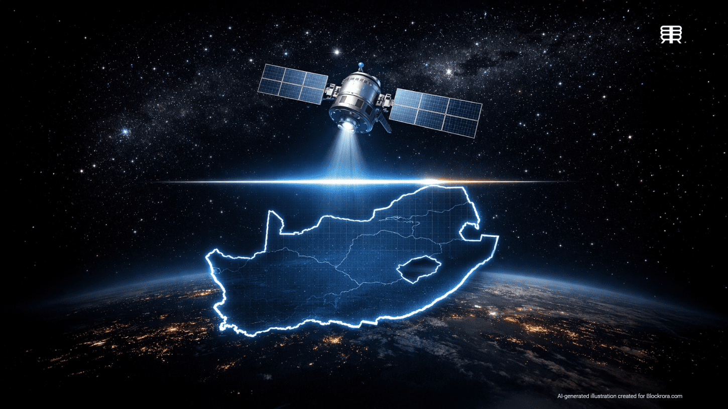 Low-Earth-orbit satellite positioned above South Africa, symbolising regulatory control over satellite internet services