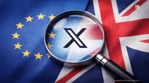 Magnifying glass highlighting the X social media platform logo against the European Union and United Kingdom flags, symbolising regulatory scrutiny over Grok AI deepfake content.