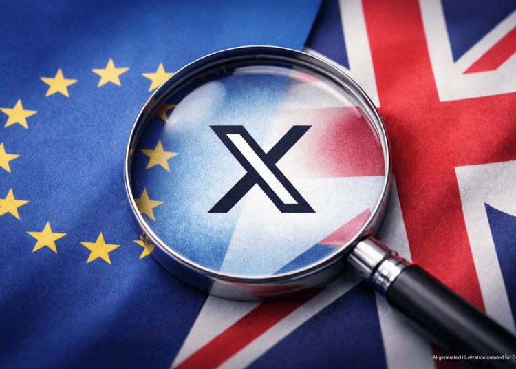 Magnifying glass highlighting the X social media platform logo against the European Union and United Kingdom flags, symbolising regulatory scrutiny over Grok AI deepfake content.