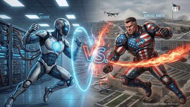 A Street Fighter style battle scene between a Claude AI robot and a military commander representing the Pentagon, symbolizing the Silicon Valley vs defense standoff.