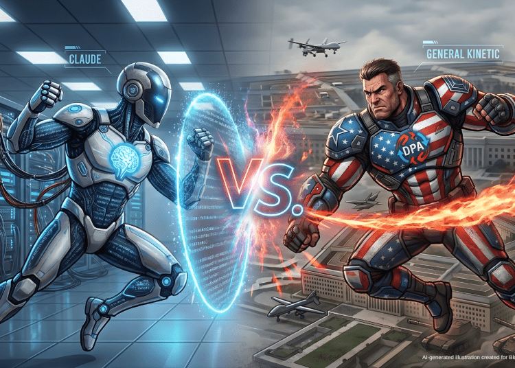A Street Fighter style battle scene between a Claude AI robot and a military commander representing the Pentagon, symbolizing the Silicon Valley vs defense standoff.