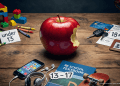 A red apple with a bite taken out, surrounded by age categories: under 13, 13-17, and 18 plus.