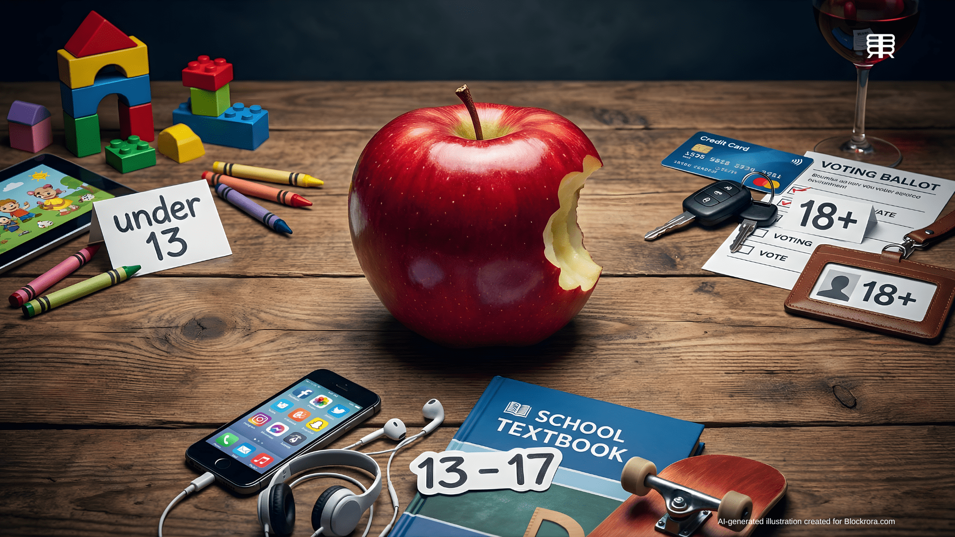A red apple with a bite taken out, surrounded by age categories: under 13, 13-17, and 18 plus.