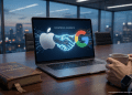 A digital illustration of the Apple and Google logos connected by a high-tech glowing handshake on a laptop screen, symbolizing the Gemini AI partnership.