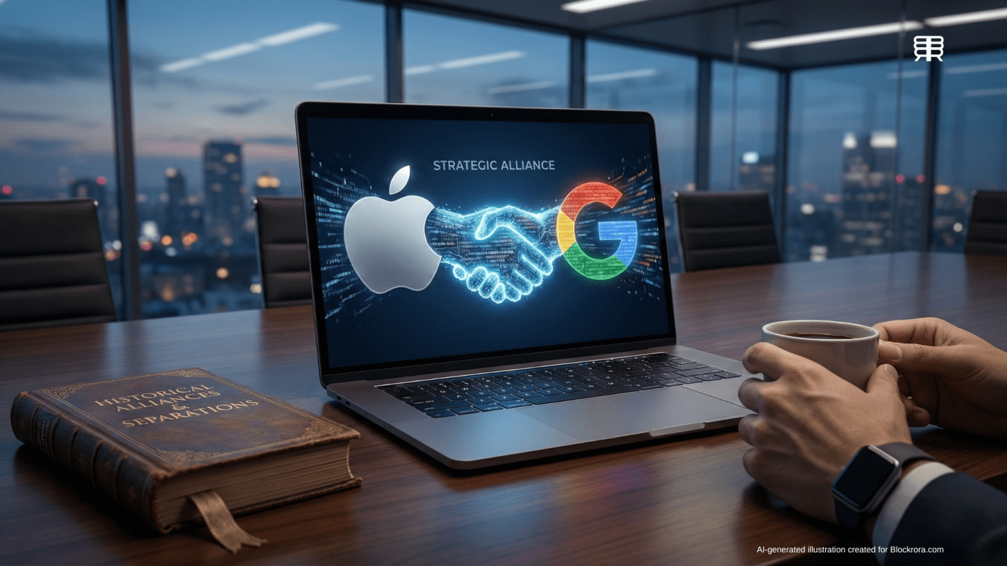 A digital illustration of the Apple and Google logos connected by a high-tech glowing handshake on a laptop screen, symbolizing the Gemini AI partnership.