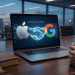 A digital illustration of the Apple and Google logos connected by a high-tech glowing handshake on a laptop screen, symbolizing the Gemini AI partnership.