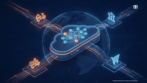 Digital visualization of global cloud infrastructure connecting e-commerce and AI operations for the AWS and Prosus three-year strategic partnership.