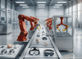 Robotic arms in Chinese flag colors assembling brain-computer interface (BCI) devices on a high-tech factory production line, symbolizing China's shift to neurotech industrial dominance.