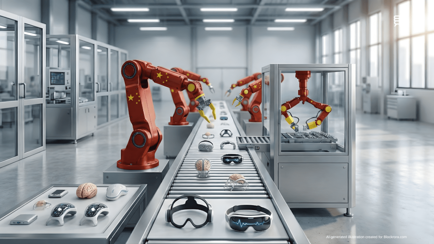 Robotic arms in Chinese flag colors assembling brain-computer interface (BCI) devices on a high-tech factory production line, symbolizing China's shift to neurotech industrial dominance.