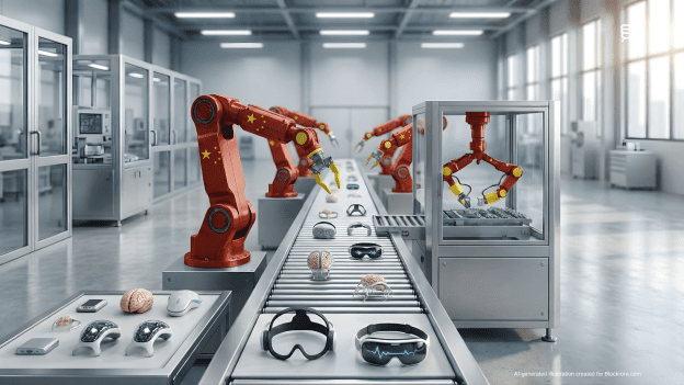 Robotic arms in Chinese flag colors assembling brain-computer interface (BCI) devices on a high-tech factory production line, symbolizing China's shift to neurotech industrial dominance.