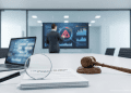 Magnifying glass and gavel over an FDA report on AI surgical tool malfunctions.