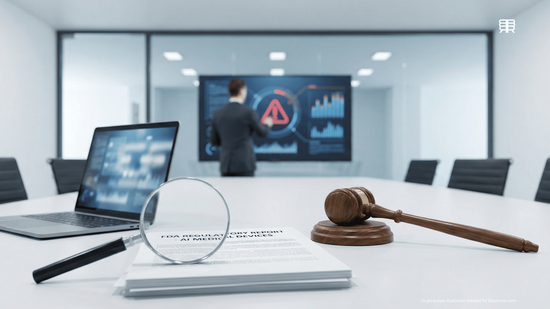 Magnifying glass and gavel over an FDA report on AI surgical tool malfunctions.