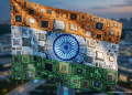 An artistic representation of the Indian flag constructed from glowing AI microchips and circuit boards, symbolizing the 2026 Global AI Summit in New Delhi.