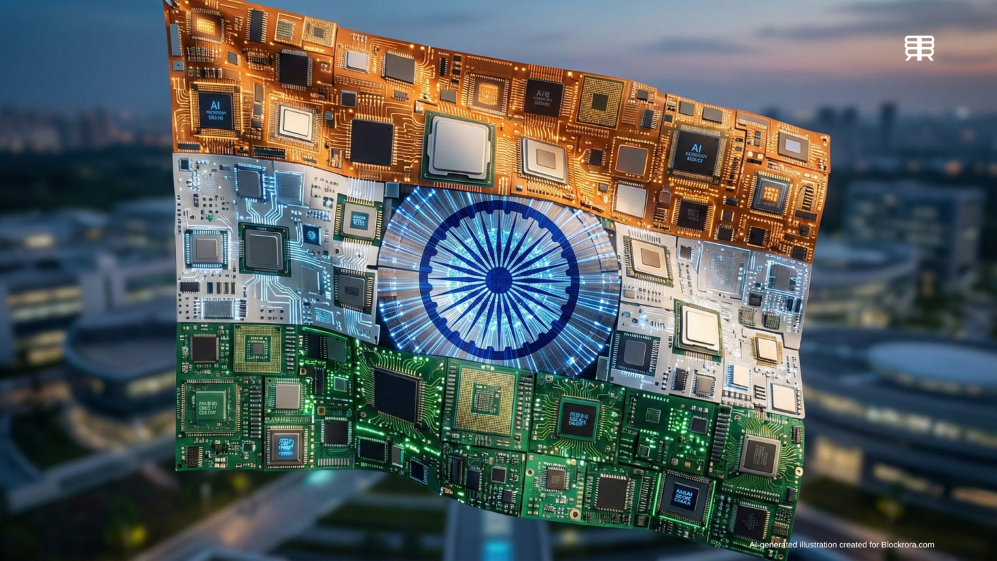 An artistic representation of the Indian flag constructed from glowing AI microchips and circuit boards, symbolizing the 2026 Global AI Summit in New Delhi.