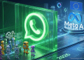 A group of small AI robots facing a glowing green WhatsApp barrier with the EU flag and Meta AI logo in the background, symbolizing the 2026 antitrust dispute.