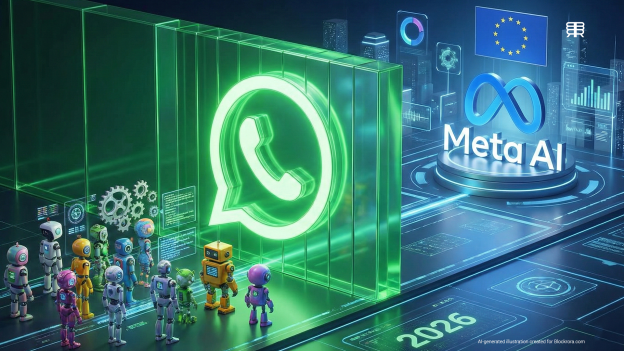A group of small AI robots facing a glowing green WhatsApp barrier with the EU flag and Meta AI logo in the background, symbolizing the 2026 antitrust dispute.