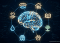 Conceptual 3D AI brain connected to icons for food banks, housing, education, and social services, illustrating nonprofit digital transformation.
