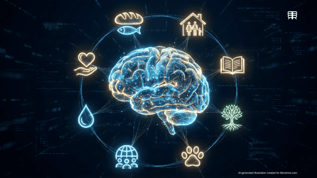 Conceptual 3D AI brain connected to icons for food banks, housing, education, and social services, illustrating nonprofit digital transformation.