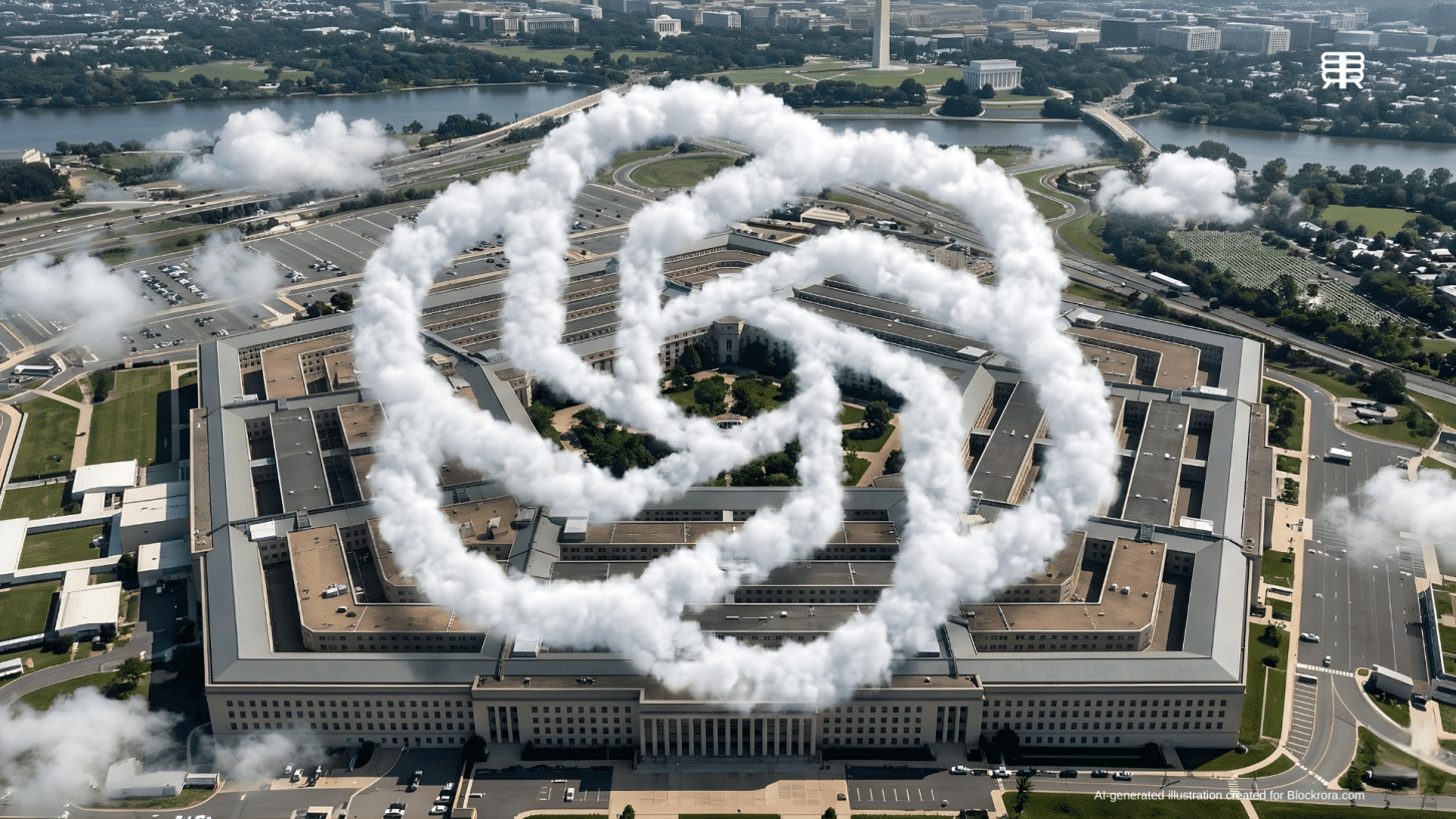 Aerial view of the Pentagon building with a large white OpenAI logo cloud formation hovering directly above it, signifying AI defense integration.