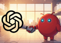 A digital illustration of the OpenAI logo as a robotic arm shaking hands with the red OpenClaw mascot character in a modern office, representing the strategic acquisition.