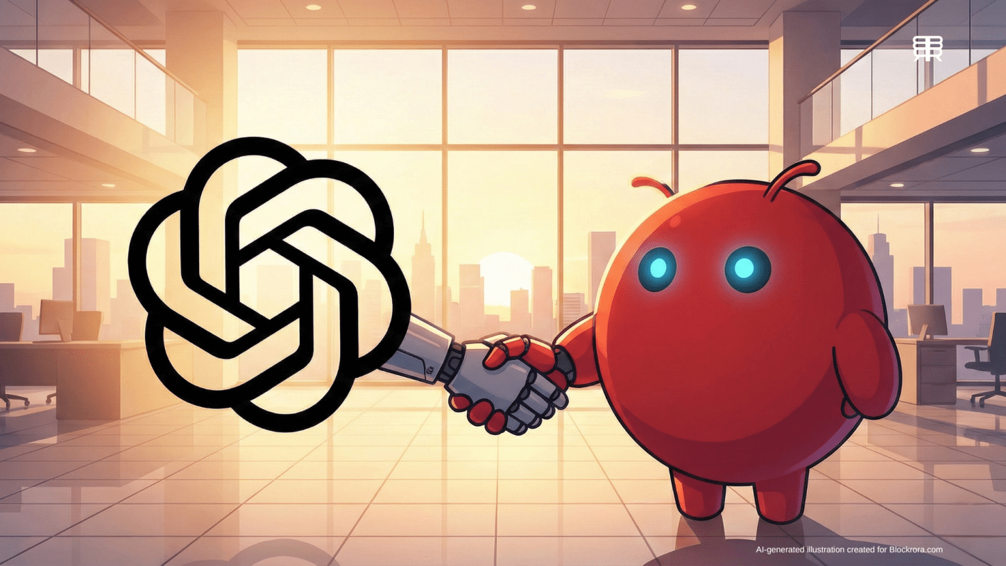 A digital illustration of the OpenAI logo as a robotic arm shaking hands with the red OpenClaw mascot character in a modern office, representing the strategic acquisition.