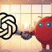 A digital illustration of the OpenAI logo as a robotic arm shaking hands with the red OpenClaw mascot character in a modern office, representing the strategic acquisition.