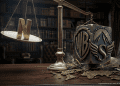 Paramount Skydance and Warner Bros Discovery merger concept: a heavy brass scale crushing a desk while the Netflix logo is lifted.
