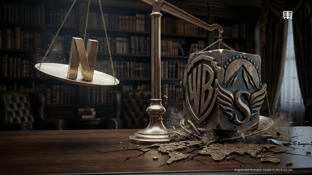 Paramount Skydance and Warner Bros Discovery merger concept: a heavy brass scale crushing a desk while the Netflix logo is lifted.