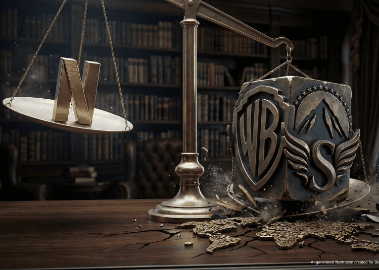 Paramount Skydance and Warner Bros Discovery merger concept: a heavy brass scale crushing a desk while the Netflix logo is lifted.