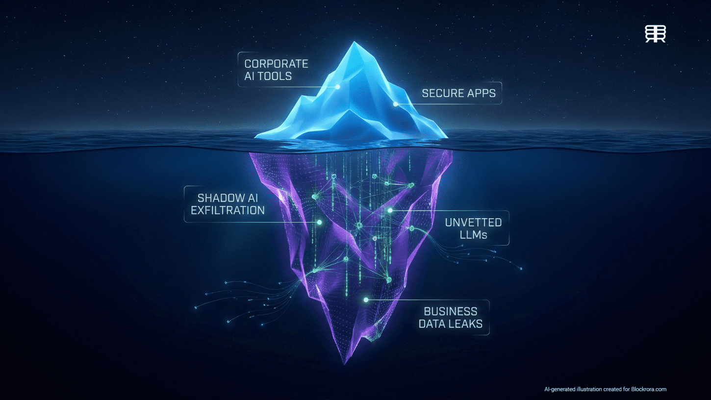 A digital 3D rendering of an iceberg in a dark ocean representing Shadow AI. The visible tip shows 'Corporate AI Tools,' while the glowing submerged base reveals 'Shadow AI Exfiltration' and 'Unvetted LLMs' as an invisible enterprise attack surface.
