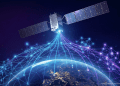Digital visualization of a Starlink satellite in orbit sending data streams to a neural network mesh over Earth, representing SpaceX AI model training.