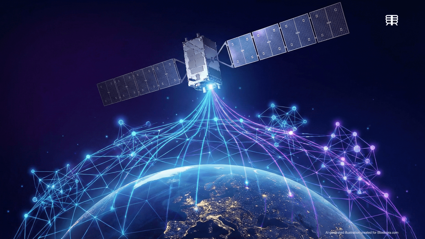 Digital visualization of a Starlink satellite in orbit sending data streams to a neural network mesh over Earth, representing SpaceX AI model training.