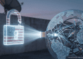 A digital concept image featuring a translucent padlock with a U.S. flag pattern, sending a beam of data into a globe made of fiber optic cables to bypass internet censorship.