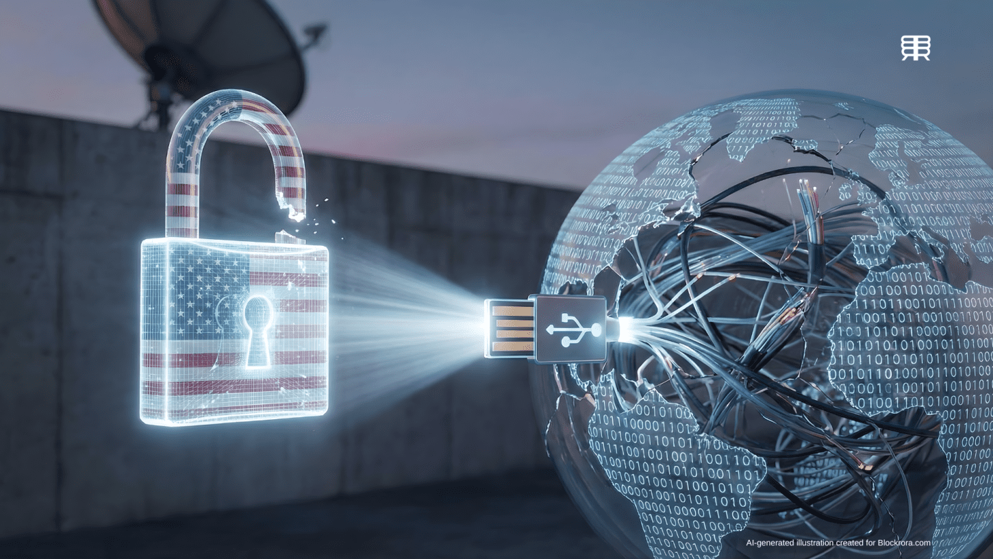 A digital concept image featuring a translucent padlock with a U.S. flag pattern, sending a beam of data into a globe made of fiber optic cables to bypass internet censorship.