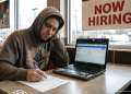 A weary crypto developer wearing an Ethereum hoodie filling out a job application inside a fast-food restaurant with a "Now Hiring" sign in the window.