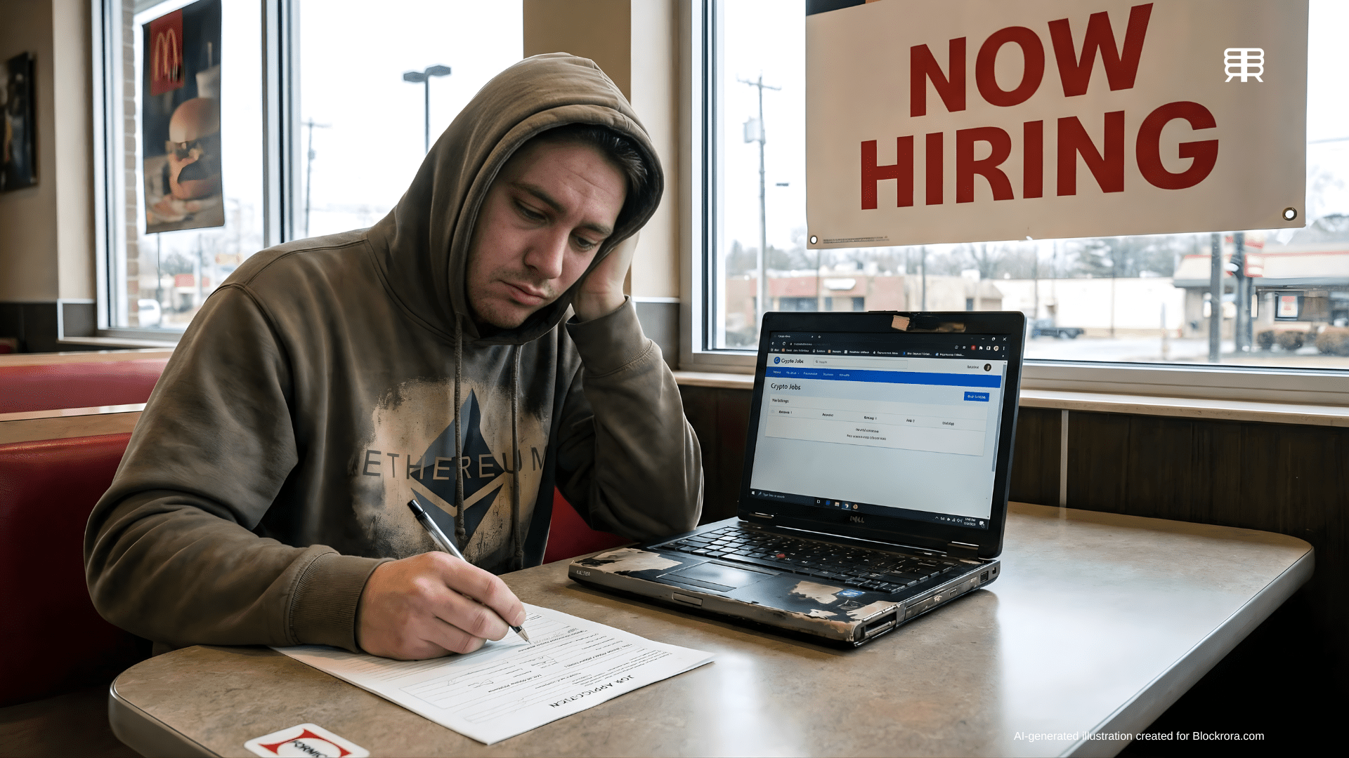 A weary crypto developer wearing an Ethereum hoodie filling out a job application inside a fast-food restaurant with a "Now Hiring" sign in the window.