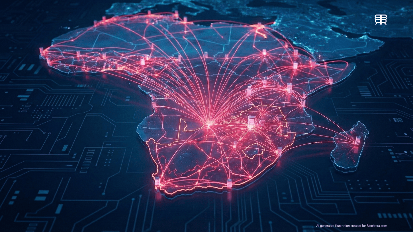 A conceptual digital map of Africa showing an expansive, glowing network of interconnected data nodes and lines in raspberry pink (#F13E5F), emanating from South Africa to symbolize the growth of xneelo’s hosting infrastructure.