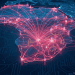 A conceptual digital map of Africa showing an expansive, glowing network of interconnected data nodes and lines in raspberry pink (#F13E5F), emanating from South Africa to symbolize the growth of xneelo’s hosting infrastructure.