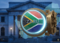 A digital ZARU stablecoin with South African flag colors emerging from a secure bank vault, representing institutional-grade blockchain finance.