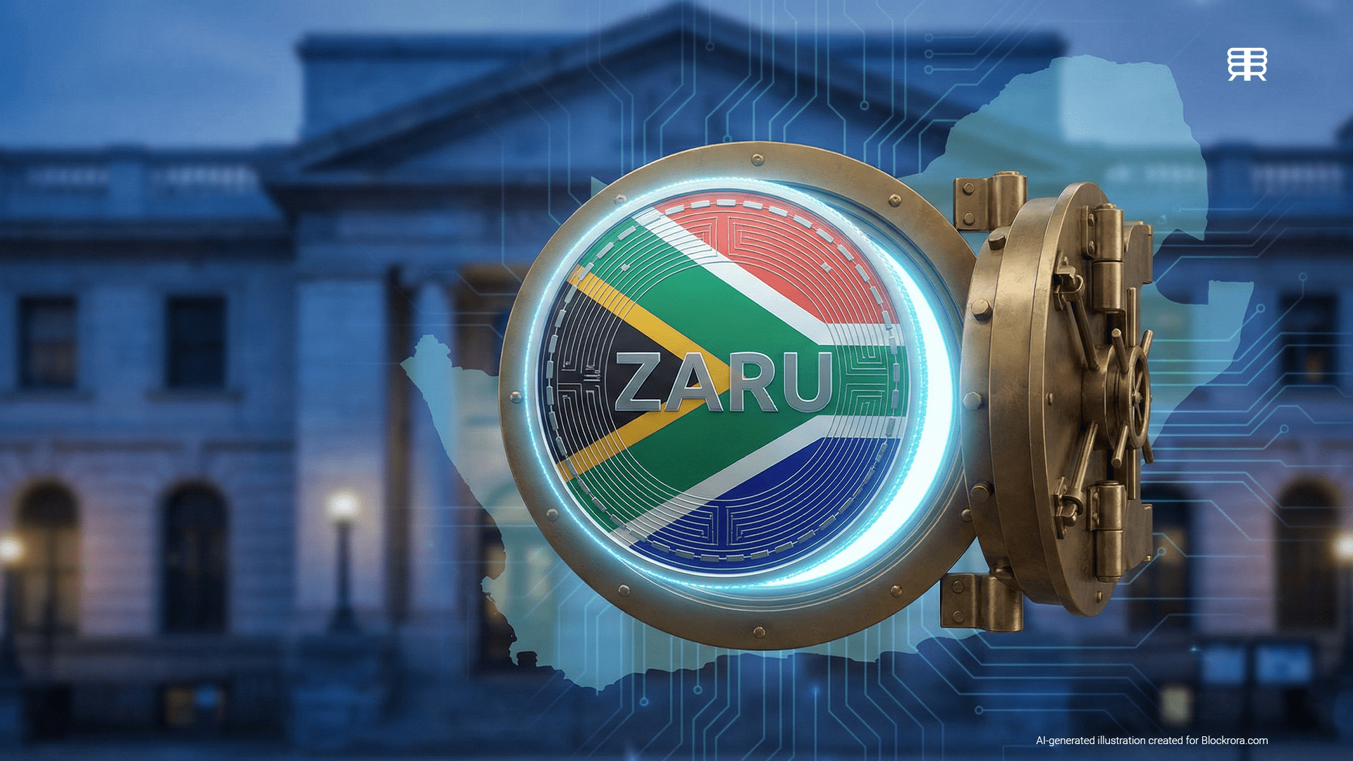 A digital ZARU stablecoin with South African flag colors emerging from a secure bank vault, representing institutional-grade blockchain finance.