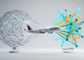 An infographic illustrating a Delta airplane between two large satellite network models. On the left is the Starlink network (blue wireframe) with its logo. On the right is the Amazon Leo network (multi-colored orange and turquoise nodes) with its logo and the Amazon smile. This visual represents Delta's decision to use Amazon Leo for in-flight internet over SpaceX's Starlink.