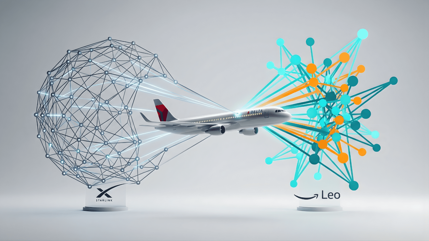 An infographic illustrating a Delta airplane between two large satellite network models. On the left is the Starlink network (blue wireframe) with its logo. On the right is the Amazon Leo network (multi-colored orange and turquoise nodes) with its logo and the Amazon smile. This visual represents Delta's decision to use Amazon Leo for in-flight internet over SpaceX's Starlink.