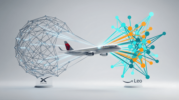 An infographic illustrating a Delta airplane between two large satellite network models. On the left is the Starlink network (blue wireframe) with its logo. On the right is the Amazon Leo network (multi-colored orange and turquoise nodes) with its logo and the Amazon smile. This visual represents Delta's decision to use Amazon Leo for in-flight internet over SpaceX's Starlink.