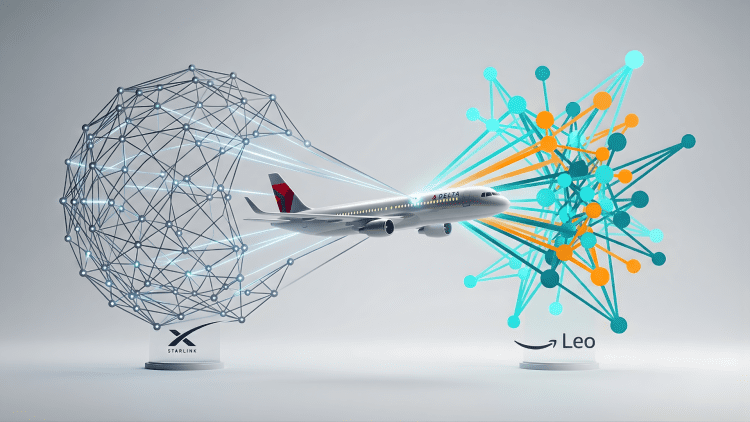 An infographic illustrating a Delta airplane between two large satellite network models. On the left is the Starlink network (blue wireframe) with its logo. On the right is the Amazon Leo network (multi-colored orange and turquoise nodes) with its logo and the Amazon smile. This visual represents Delta's decision to use Amazon Leo for in-flight internet over SpaceX's Starlink.