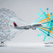 An infographic illustrating a Delta airplane between two large satellite network models. On the left is the Starlink network (blue wireframe) with its logo. On the right is the Amazon Leo network (multi-colored orange and turquoise nodes) with its logo and the Amazon smile. This visual represents Delta's decision to use Amazon Leo for in-flight internet over SpaceX's Starlink.
