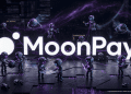A dark, futuristic technology-themed hero image with glowing white "MoonPay" text. Small purple-faced robots (AI agents) assist on a circuit board platform under a purple nebula background with data code, representing automated finance and transaction support.