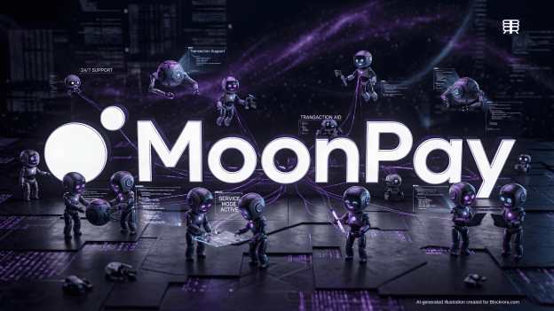 A dark, futuristic technology-themed hero image with glowing white "MoonPay" text. Small purple-faced robots (AI agents) assist on a circuit board platform under a purple nebula background with data code, representing automated finance and transaction support.