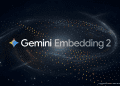 Gemini Embedding 2 logo featuring the multi-colored gradient star icon and text on a dark background with data stream accents.