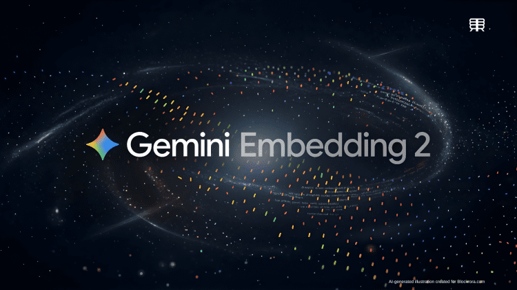 Gemini Embedding 2 logo featuring the multi-colored gradient star icon and text on a dark background with data stream accents.