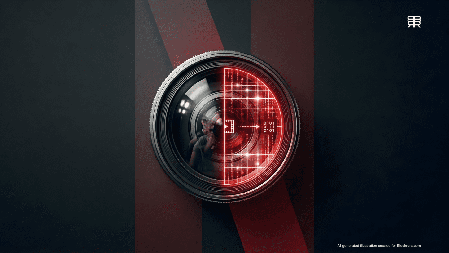Minimalist cinema lens with a red digital grid overlay against a dark Netflix-branded background.